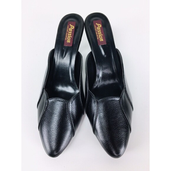 Vintage 90s PASSION Black Leather Scalloped Heels Mules Size 7/7.5 NEW - Picture 10 of 11